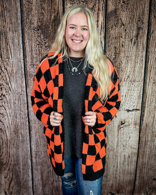 Boo Crew Reversible Cloud Cardigan in Orange and Black Checker by Blakeley