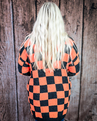 Boo Crew Reversible Cloud Cardigan in Orange and Black Checker by Blakeley