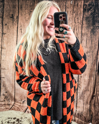 Boo Crew Reversible Cloud Cardigan in Orange and Black Checker by Blakeley