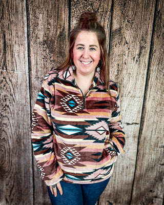 Heritage Plush Fleece Quarter Zip Pullover in Coral Aztec