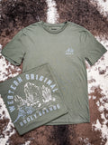 Front and back design on Desert Dillo Hooey T-Shirt displayed on cow hide.