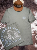 Front and back design on Desert Dillo Hooey T-Shirt and hat displayed on cow hide