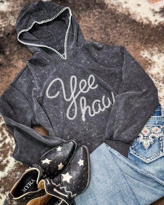 Midnight Rodeo Yeehaw Embroidered Hoodie in Black Mineral Wash