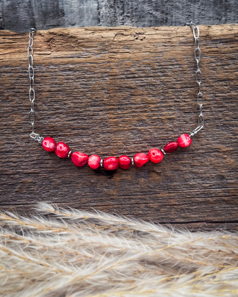 A silver chain necklace featuring a curved row of glossy, faceted red beads, displayed on a rustic dark wood background with dried pampas grass in the foreground.