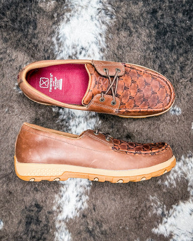 Marrow Twisted X Boat Shoe Driving Moc - Brown Multi and Rustic Brown on cowhide.
