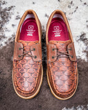 Marrow Twisted X Boat Shoe Driving Moc - Brown Multi and Rustic Brown on cowhide.
