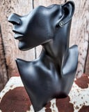 Sky and Stone Stud Fashion Earring Set on a mannequin, sitting on cowhide, wood back drop.