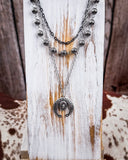 Three Trails Squash Blossom Fashion Necklace on wood, wood backdrop.