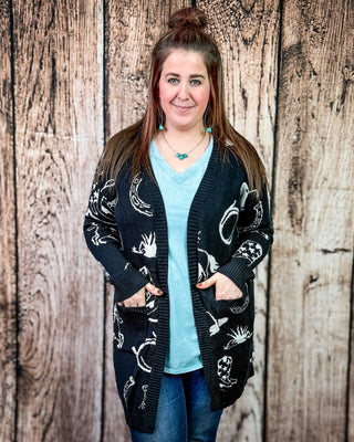 Cowgirl Collage Knit Cardigan in Black by Lucky & Blessed