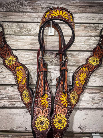 Rafter T Ranch Co. - Sunflower Beaded Tooled Browband Headstall