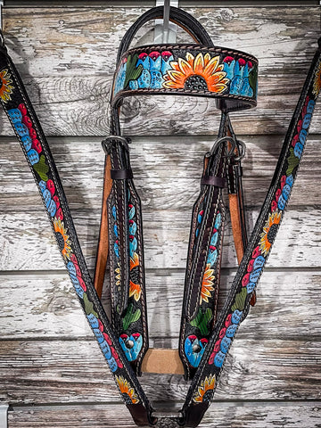 Tough1 Sunflower and Blue Cactus Browband Headstall