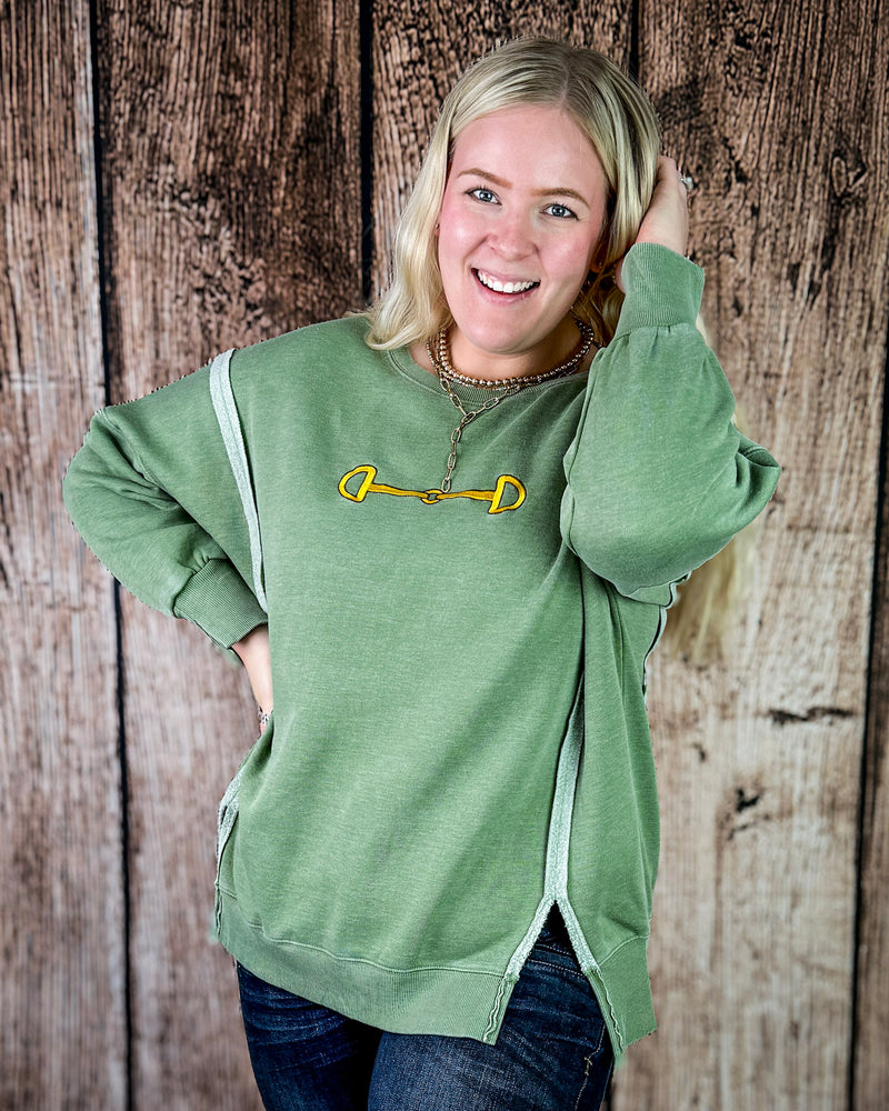 Bridle Path Embroidered Pullover in Sage