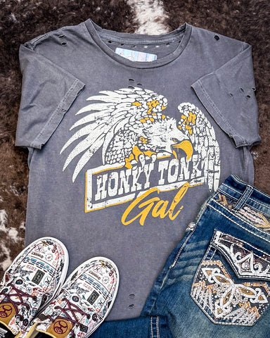 Honky Tonk Eagle Distressed Graphic Tee - Faded Black