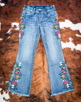 Bloom Floral Embroidered Pull On Trouser Jeans by Cowgirl Tuff