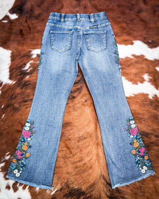 Bloom Floral Embroidered Pull On Trouser Jeans by Cowgirl Tuff