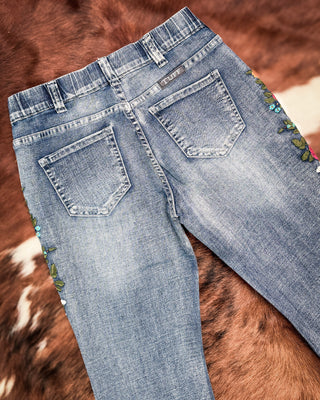 Bloom Floral Embroidered Pull On Trouser Jeans by Cowgirl Tuff