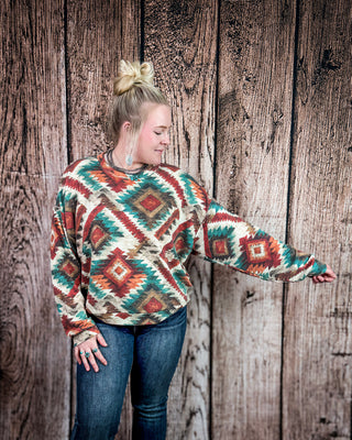 Country Rust Aztec Pullover in Rust & Turquoise by Sterling Kreek