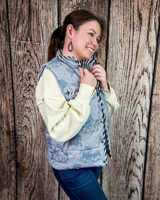 Silver Run Horse Aztec Puffer Vest in Blue Grey by Lucky & Blessed