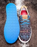 Top and bottom of the Neon Mesa Twisted X Kicks displayed on cowhide.