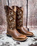 Side view of the Wren Twisted X Women's 13" Ruff Stock Boot displayed on cowhide, wood backdrop.