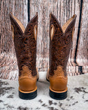 Back view of the Sienna Twisted X Women's 11" Ruff Stock Boot displayed on cowhide, wood back drop.