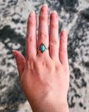 The Bahman Adjustable Genuine Turquoise Ring displayed on a finger with carpet in the background.