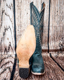 Front and bottom of the Mesa Thunder Circle G Boots in a wood backdrop.