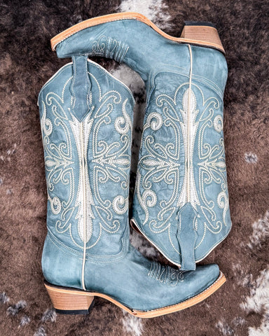The Blue Ridge Wrangler Circle G Boots displayed on cowhide.