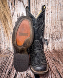 Front and bottom of the Midnight Slither Corral Boots in a wood backdrop.