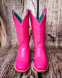 Front view of the Fuchsia Outlaw Corral Boots in a wood backdrop.