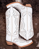 The Saddlebrush Rose Circle G Boots displayed on cowhide.