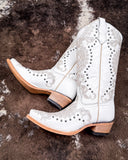 The Saddlebrush Rose Circle G Boots displayed on cowhide.