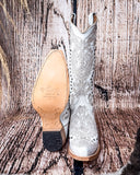 Front and bottom of the Saddlebrush Rose Circle G Boots in a wood backdrop.