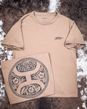 The Concho Hooey T-Shirt displayed on cowhide, showing the graphic design on the back,