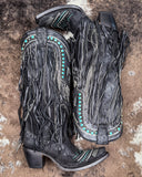 The Blackridge Stampede Corral Boots displayed on cowhide.