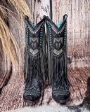 Front view of the Blackridge Stampede Corral Boots with a wood backdrop.