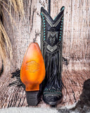Front and bottom of the Blackridge Stampede Corral Boots with a wood backdrop.
