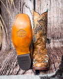 Front and bottom of the Sandstone Stallion Corral Boots in a wood backdrop.