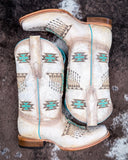 The Feathered Frontier Corral Boots displayed on cowhide.