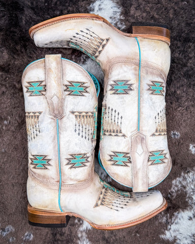 The Feathered Frontier Corral Boots displayed on cowhide.