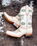 The Feathered Frontier Corral Boots displayed on cowhide.