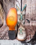 Front and bottom of the Feathered Frontier Corral Boots with a wood backdrop.