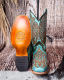 Front and bottom of the Honey Dust Trailblazer Corral Boots with a wood backdrop.