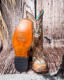 Front and bottom of the Luminous Petal Corral Boots with a wood backdrop.