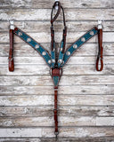 The Turquoise Wash Bull Coin Breast Collar and Headstall displayed on a wood backdrop.