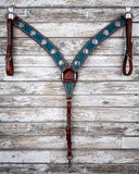 The Turquoise Wash Bull Coin Breast Collar displayed on a wood backdrop.