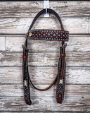 Turquoise Rawhide Browband Headstall displayed on a wood background.