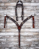 Turquoise Rawhide Breast Collar and Browband Headstall displayed on a wood background.