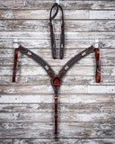 Turquoise Rawhide Breast Collar and One Ear Headstall displayed on a wood background.