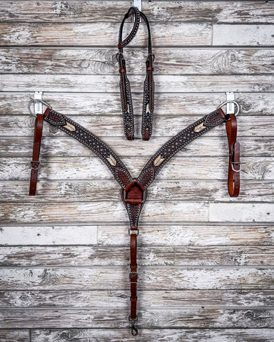 Turquoise Rawhide Breast Collar and One Ear Headstall displayed on a wood background.